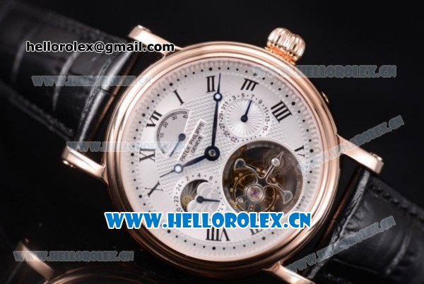 Patek Philippe Grand Complication Swiss Tourbillon Automatic Rose Gold Case with White Dial Black Leather Strap and Roman Numeral Markers - Click Image to Close